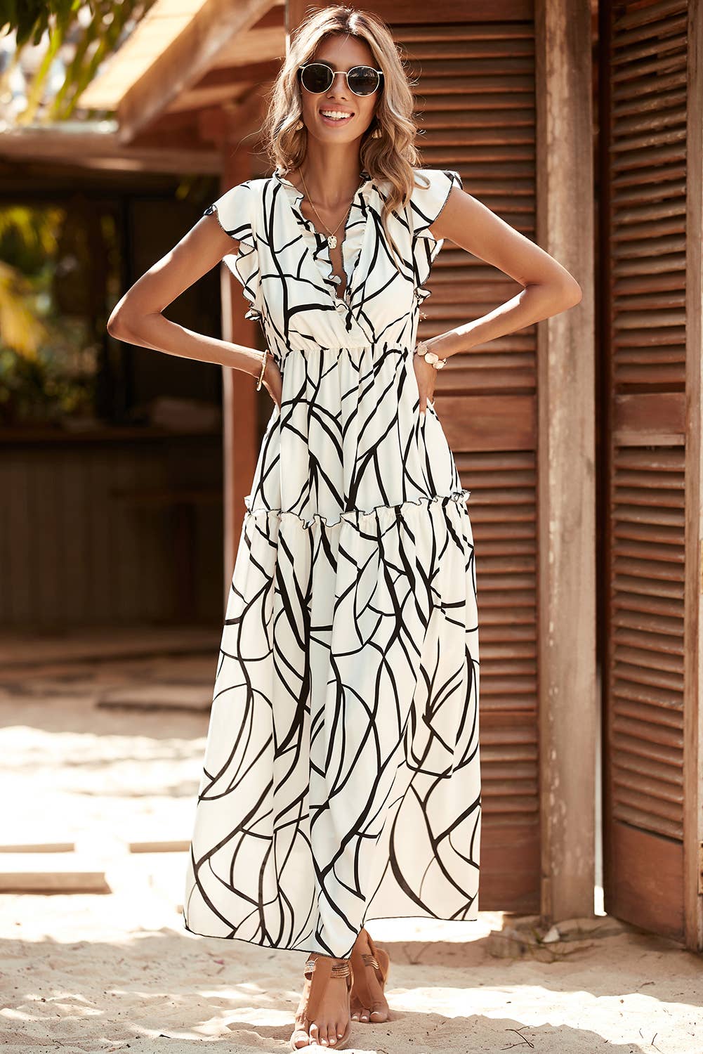 Ethereal Flow V-Neck Ruffle Maxi Dress in Abstract Vein Print