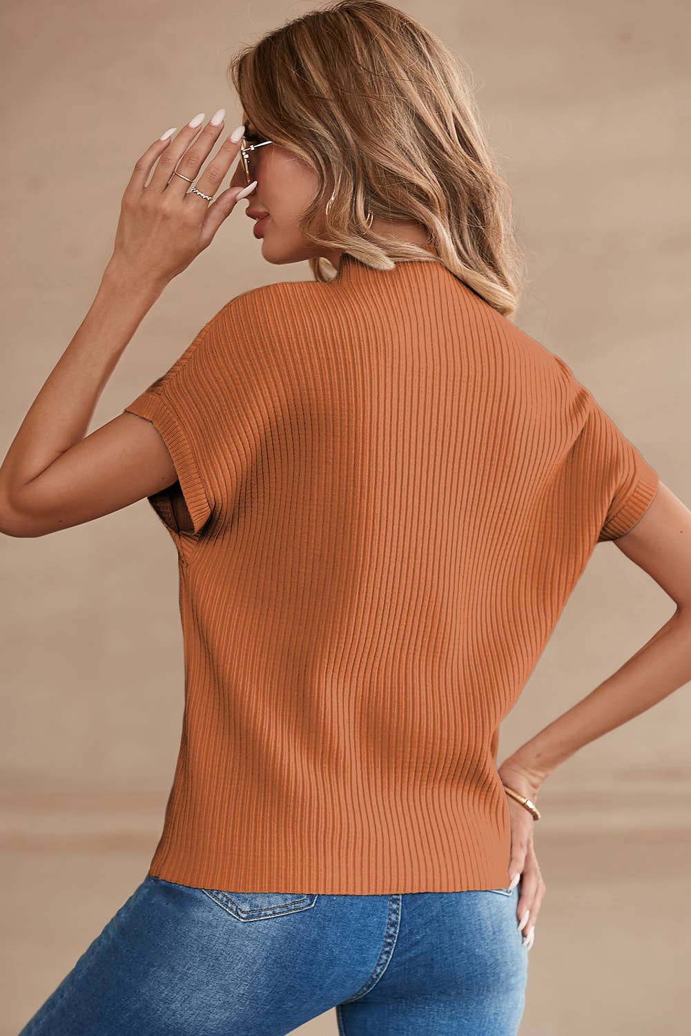 Cozy Essence Ribbed Knit Short Sleeve Sweater with Patch Pocket