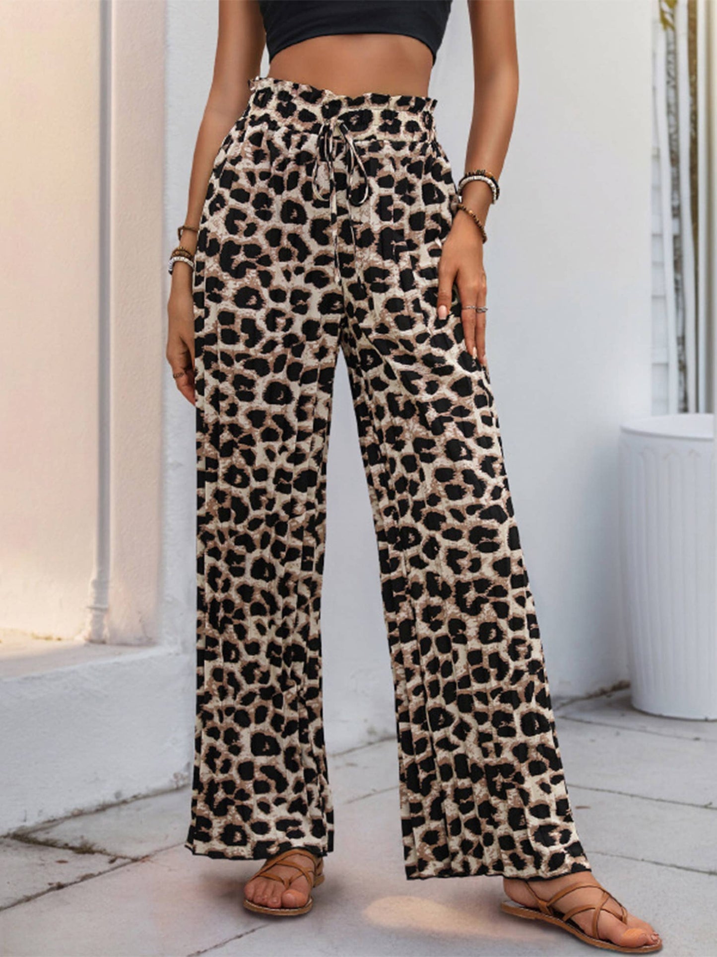 Leopard Print Pleated Wide Leg Pants