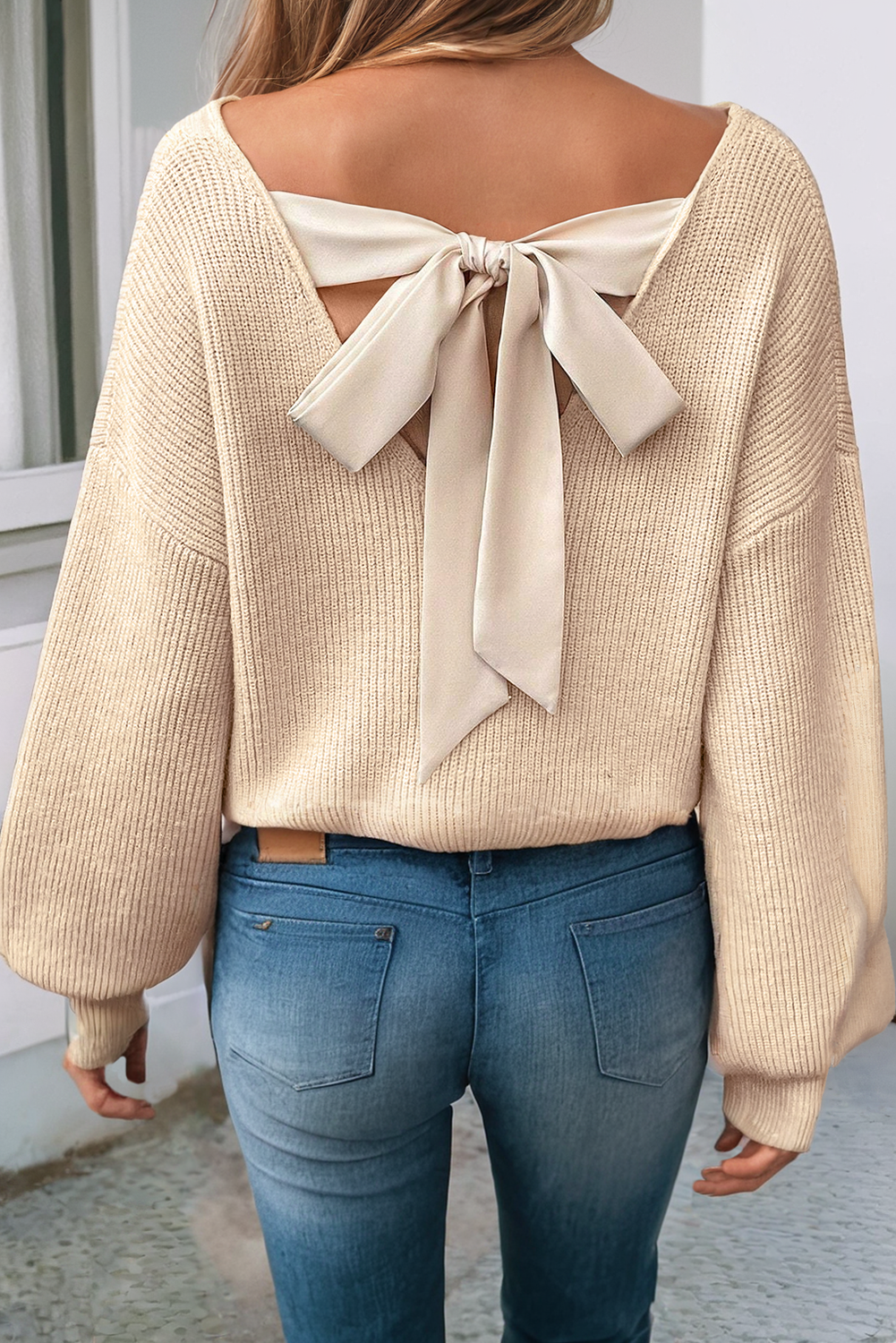 Whimsical Allure Lantern Sleeve Knot-Back Sweater