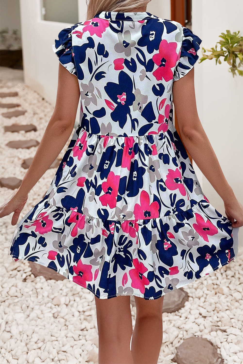 Floral Print Notched Neck Flutter Sleeve Mini Dress