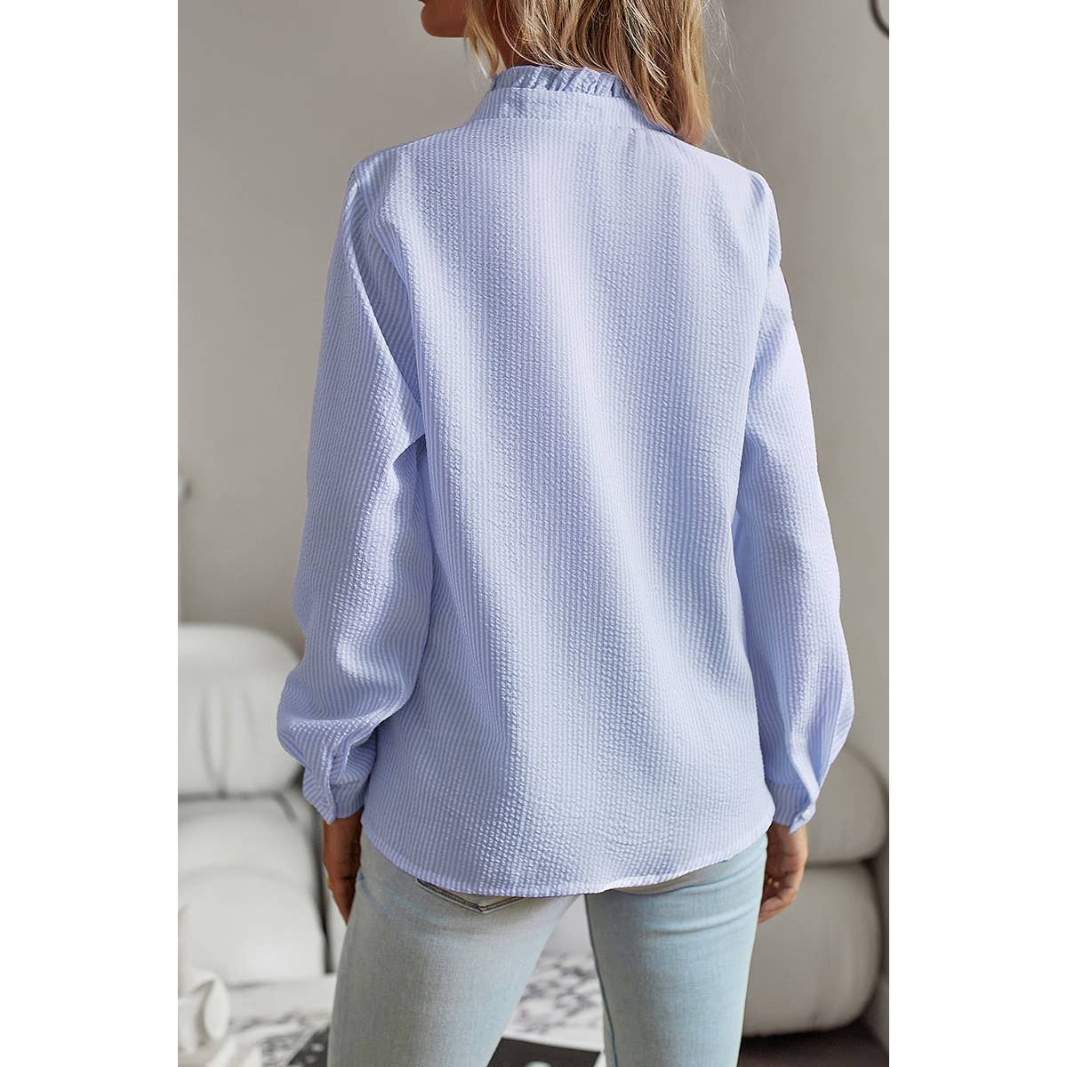 Parisian Breeze Striped Ruffle Trim Button-Front Shirt