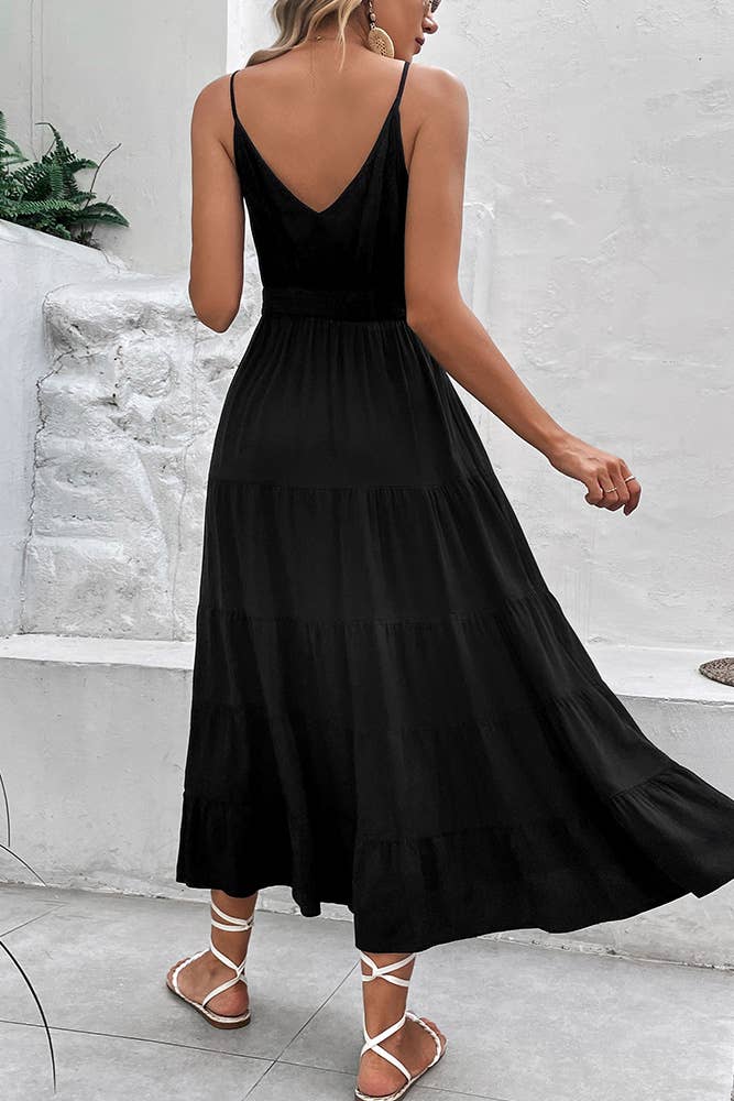 Black V Neck Buttoned Smocked Waist Maxi Dress