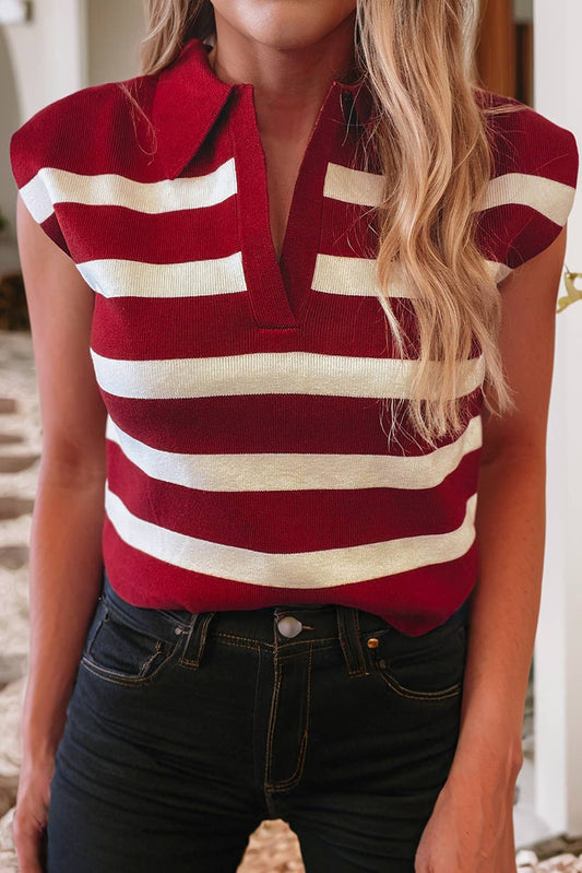 Stripe Collar Split Neck Sweater Vest