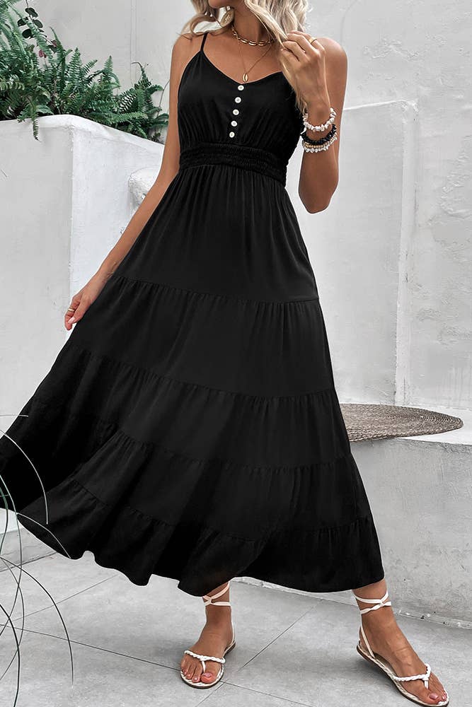 Black V Neck Buttoned Smocked Waist Maxi Dress