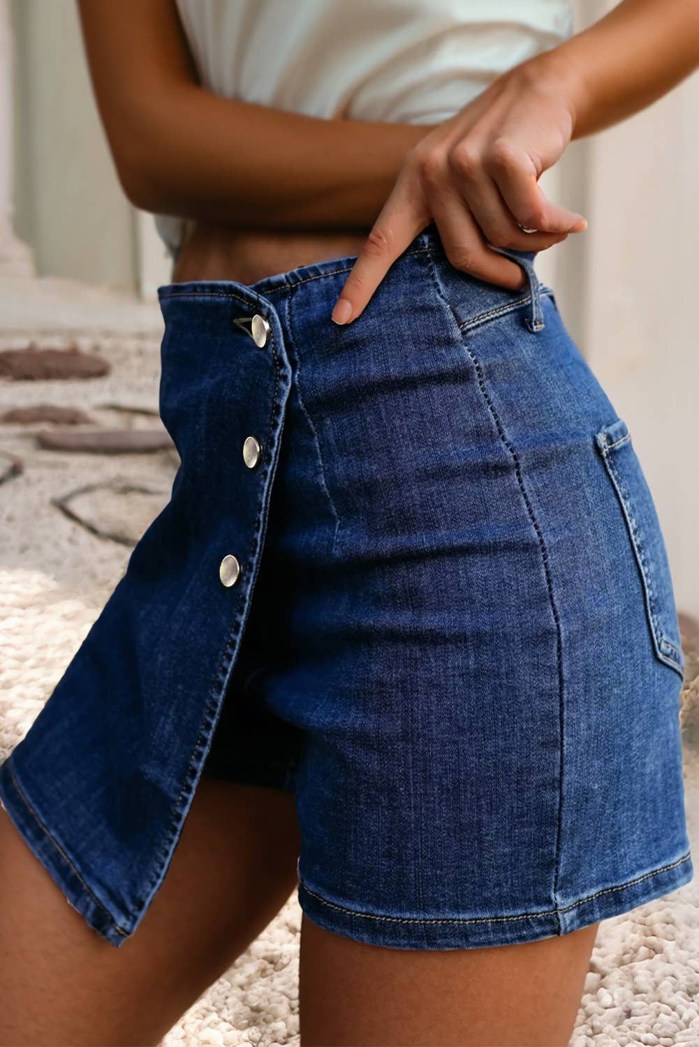 Asymmetric Wrapped Buttoned High Waist Denim Shorts