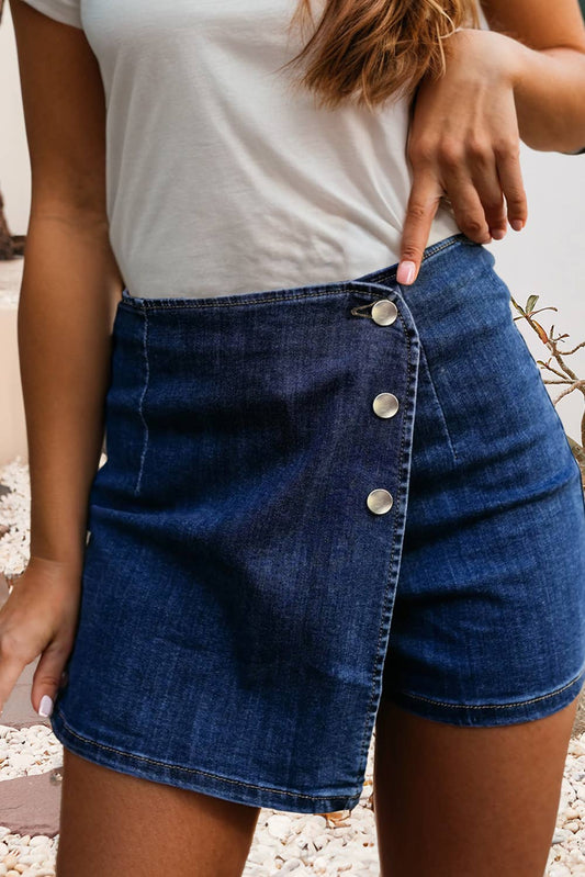 Asymmetric Wrapped Buttoned High Waist Denim Shorts